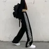 Kvinnors byxor retro checkerboard casual kvinnor street mode svarta sportbyxor streetwear lösa hög midja kvinnlig bred ben