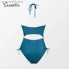 Kvinnors badkläder Seaselfie Shining Blue Strappy Halter Cutout One-Piece Swimsuit For Women Sexig Monokini Badkläder 2023 Baddräkt Beachwear T230606