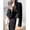 Abiti da donna Insozkdg Moda Donna Elegante Blazer corto Casual Lavoro d'ufficio Vintage Solid Manica lunga Colletto dentellato Giacche con fibbia singola