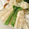 Girl Dresses Girls Princess Dress Summer Beige Elegant With Green Bow Kids Birthday Party Clothes 4-10 Years Old