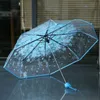 100 pcs/lot Transparent clair parapluie poignée coupe-vent 3 pli parapluie fleur de cerisier champignon Apollo Sakura femmes fille parapluie QH64