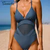 Kvinnors badkläder Seaselfie Mesh Cutout One-Piece Swimsuit For Women Blue Sexy V-Neck High Cut Monokini Badkläder 2023 Baddräkt Beachwear T230606