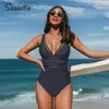 Women's Swimwear SEASELFIE Plunge Ladder Trim One-piece Swimsuit For Women Dark Navy Sexy Monokini Swimwear 2023 Bathing Suit Beachwear T230606