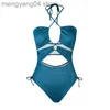 Kvinnors badkläder Seaselfie Shining Blue Strappy Halter Cutout One-Piece Swimsuit For Women Sexig Monokini Badkläder 2023 Baddräkt Beachwear T230606