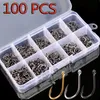 Fishing Hooks Aorace 100Pcs Set Carbon Steel Single Circle Hook Fly Jip Barbed Carp Sea Tackle Accessories 230606