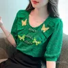 Женские блузки 2023 Летняя пуловерская зеленая кружевная рубашка для женского китайского стиля пряжка бабочка Top Lady Blusas