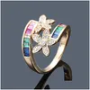 Band Rings Design Rainbow Flower Cz Ring Women Wedding Gift Gold Color Leaves Austrian Zircon Fashion Crystal Jewelry Wholesale Drop Dhf4A