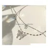 Pendentif Colliers Sier Brillant Papillon Gland Collier Femme Exquis Double Couche Clavicule Chaîne De Noce Bijoux Cadeaux Drop Dhzxn