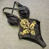Pływanie noszenie kobiet na plaży garnitur seksowne złote druk stroje kąpielowe bikini głębokie kostiumy 230605