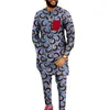 Men's Tracksuits African Print Men Sets Shirt Elastic Waist Pants Nigerian Fashion Tops With Red Breast Pocket Wedding Party Outfits