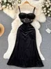 Casual Dresses Ins Fashion Women's Princess Black Spaghetti Strap Elegant Lace Applique Work Gothic Velvet Long Dress Party Tank Top P230606