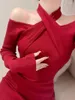 Abiti casual Abito rosso lavorato a maglia sottile Donna Pure Sexy Cross Hanging Neck Off Shoulder Bottom Maxi maglione lungo C918