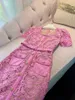 2023 Summer Pink Floral Lace Panelled Pockets Dress Short Sleeve Scoop Neckline Belted Single-breasted Casual Dresses L3L04