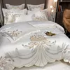 Bedding sets Luxury Gold Feather Embroidery Egyptian Cotton Champagne/Light Yellow Patchwork Duvet Cover Bed Sheet Pillowcases Bedding Set 230605