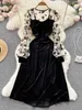 Casual Dresses Women's Vintage Mesh Puff Sleeve Patch Work Velvet Black Long Dress Elegant Party Tank Top P230606