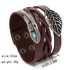 Charm Bracelets Fashion Leather Bracelet Men Turquoise Leaf Woven Antique Punk Style Multi Jewelry