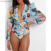 Women's Swimwear One Piece Swimsuit Sexy Long Sleeve Tropical Print Swimwear Women Bandage Monokini Hollow Out Bathing Suit String Beachwear 2023 T230606