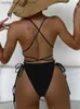 Women's Swimwear Swimsuit Women One Piece Swimwear 2023 New Solid Black Lace Up High Cut Thong Bathing Suit Monokini Sexy Summer Swim Suits Beach T230606