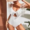 Women's Swimwear 2023 New Halter Swimwear Women V Neck One Piece Swimsuit Summer Beachwear Ruffle Bathing Suit Vintage Swimwear Monokini Female T230606