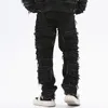 Mens Jeans Dark Streetwear Black Tassel Patchwork Straight Men Grunge Pants Fashion Punk Hip Hop Denim Trousers Ropa Hombre 230606