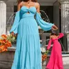 Lässige Kleider 2023 Blau Damen Sommer Off-Schulter-Kleid Sexy Hohler Hosenträger Boho Rückenfrei Plissee Langarm Strand