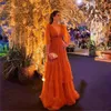 Urban Sexy Dresses Orange Aline Prom Dress Long Sleeve Tulle Multi Layered Evening Vneck Party for Women 230606