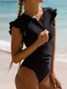 Kadın mayo 2023 baskı fırfırlı mayo tek parça vintage mayo kadın fermuarlı banyo yüzme takım elbise kadın yaz plaj kıyafeti bodysuit t230606