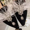 Slippers Shiny Crystal Flower Feather Decoration Mule Shoes Black Velvet Pointed Toe Out Sexy Woman Dress