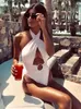 Женские купальники Fitshinling Summer Halter Bikini One Piece Bodysuit Spective Sexy Hot Boho Fashion Cut Out Monokini Beach Bleck Black Swimsuits T230606