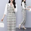 Dames tweedelige broek Zomer Women Set Outfit: Retro Plaid Printed Doll Collar Tunic Shirt Nine-Point broek PCS