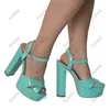 Sukeia Women Summer Sandals Patent Leather Chunky Hote Peep Toe Beautiful Light Blue Party Shoes Ladies USサイズ5-20