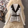 Kvinnors västar kvinnor vintage ärmlös beskuren Tweel Coat Korean Fashion V-hals blazer med bälte Autumn Winter Plaid Casual Waistcoat 2xl