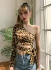Women's T Shirts 2023 Summer Leopard Print Skew Collar Off Shoulder T-shirts Casual Sexy Slim Cropped Tops Women Bow Bandage Y2k Aesthetic