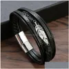 Braccialetto in acciaio inossidabile dorato Bracciale con ciondoli in piuma Bracciale Mtilayers Avvolgere Bracciali in vera pelle Cinturino per uomo Gioielli di moda D Dhgj1