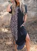New Shirt Dresses Women Casual Contrast Solid Leopard Summer Maxi T Shirt Dress