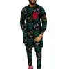 Men's Tracksuits African Print Men Sets Shirt Elastic Waist Pants Nigerian Fashion Tops With Red Breast Pocket Wedding Party Outfits