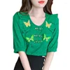 Blouses pour femmes 2023 été pull vert dentelle chemise pour femmes Style chinois boucle papillon haut dame à manches courtes Blusas