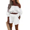 Vrouwen Trainingspakken Vrouwen Zomer 2 Stuks Outfits Effen Kleur Off-Shoulder Korte Mouwen Wrap Borst Crops Tops Hoge taille Shorts Set