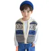 チョッキの春と秋の韓国語版の男の子カーディガンニットベスト子供用格子縞のトップカジュアルコットン高品質の服230606