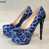 Sukeia Handmade Women Pumps Patent Slip On Peep Toe Sexy Stiletto Heels Sky Blue Leopard Shoes Ladies US Plus Size 5-15