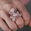 Wedding Rings Pink Two Tone Plated 3 Pcs Cz Butterfly Ring For Women Full Finger Cocktail US Size 6 7 8 9