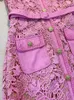 2023夏のピンクの花柄のレースパネルポケットドレス半袖スクープネックラインベルト付きシングルブレストカジュアルドレスl3l04
