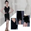 Scen Wear Tassel Latin Dance Dresses For Girls Pure Black Sling Long Thin Slim Team Competition Costume Performance