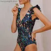 Women's Swimwear Colorful Speckled Print Swimsuit Sleeveless Ruffle Strap V-Neck Bikini Sexy Elegant One Piece Swimwear Backless Luxury Beachwear T230606