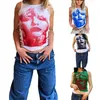 Tanks Camis Y2K Moda Feminina Estampada Figura Retrô Verão Decote Redondo Sem Mangas Camiseta Casual Feminina dos Anos 90 P230605