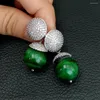 أقراط مسمار Kkgem White Cz Pave Round 14mm Green Tiger Eye Coin للنساء الكلاسيكيات البسيطة البسيطة في القرط الزفاف الفاخر