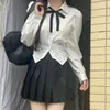 Work Dresses Japan Korean Long Sleeve JK School Uniform White Bow Blouse Suit High Waist Plaid Pleated Skirts Set Women Students Girl