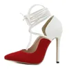 Elbise Ayakkabı Moda Kadınlar Saçlı Ayak Parmağı Yüksek Topuklu Pompalar Dantel Yukarı Bahar Bayanlar Akşam Partisi Düğün Stiletto Kırmızı Beyaz