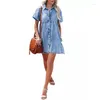 Casual Dresses For Women Fashion 2023 Summer European And American Washed Denim Lapel Loose Sweet Ruffled Jeans Dress Short Skirt