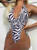 Costumi da bagno da donna Zebra stampata con scollo a V profondo Halter Costumi da bagno donna Costume da bagno intero Costume da bagno femminile con taglio a gamba alta Monokini Costume da bagno Swim V4240 T230606